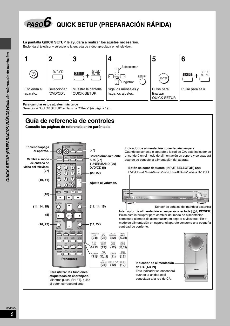 Paso, Quick setup (preparación rápida), Guía de referencia de controles | Dvd/cd shift, Shift | Panasonic SCHT720 User Manual | Page 8 / 32