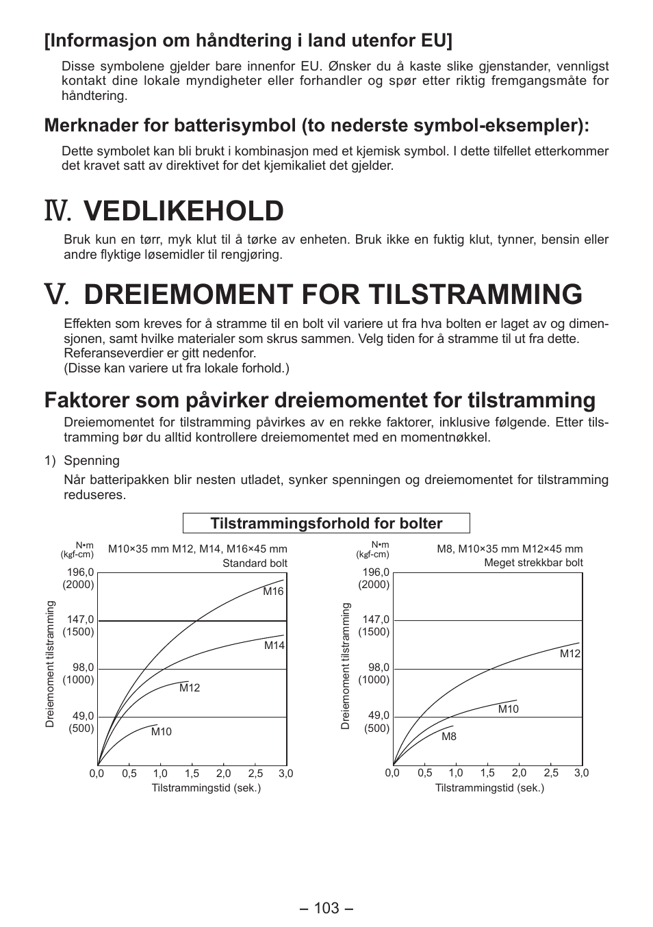 Vedlikehold, Dreiemoment for tilstramming, Informasjon om håndtering i land utenfor eu | Panasonic EY7541 User Manual | Page 103 / 140