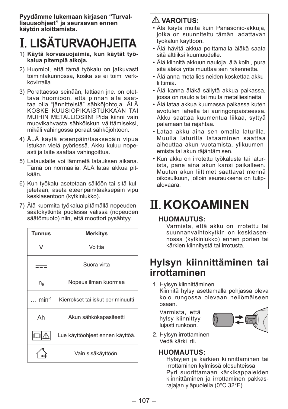 Lisäturvaohjeita, Kokoaminen, Hylsyn kiinnittäminen tai irrottaminen | Panasonic EY7541 User Manual | Page 107 / 140
