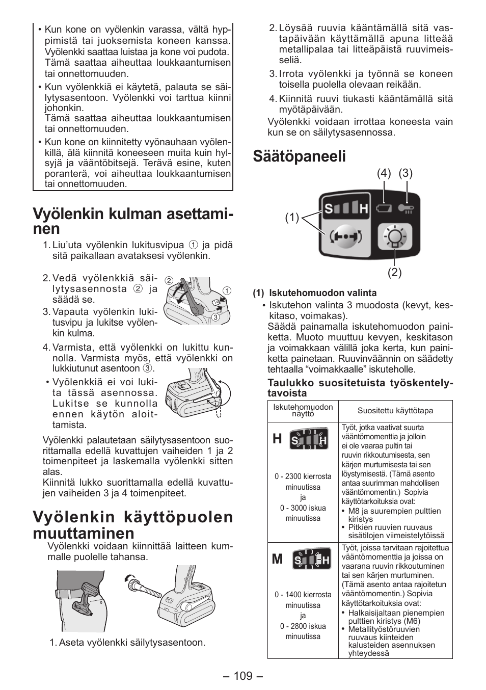 Vyölenkin kulman asettami- nen, Vyölenkin käyttöpuolen muuttaminen, Säätöpaneeli | Panasonic EY7541 User Manual | Page 109 / 140