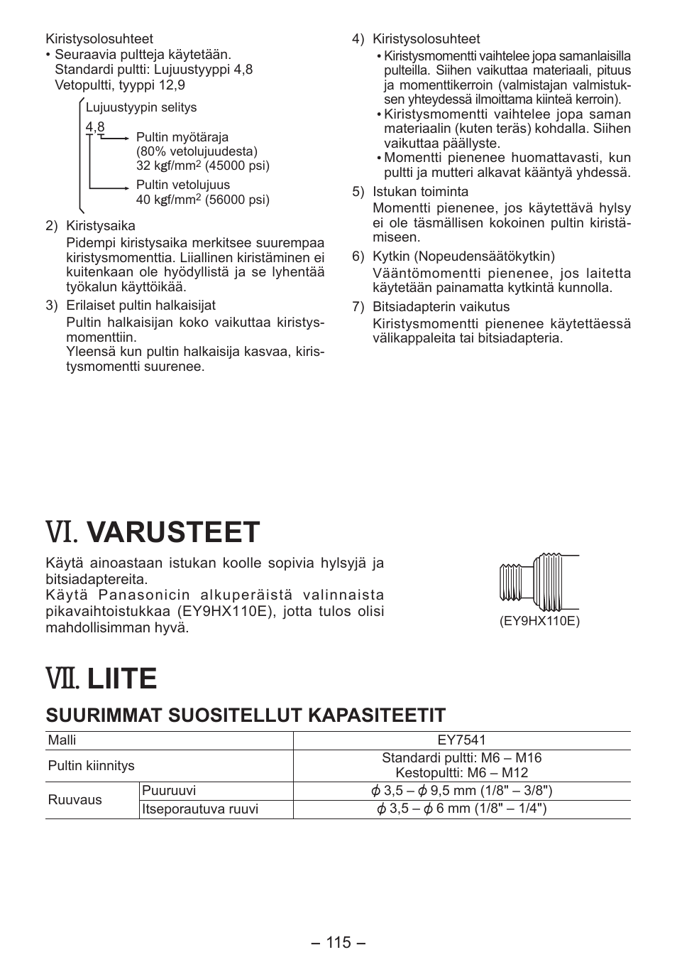 Varusteet, Liite, Suurimmat suositellut kapasiteetit | Panasonic EY7541 User Manual | Page 115 / 140