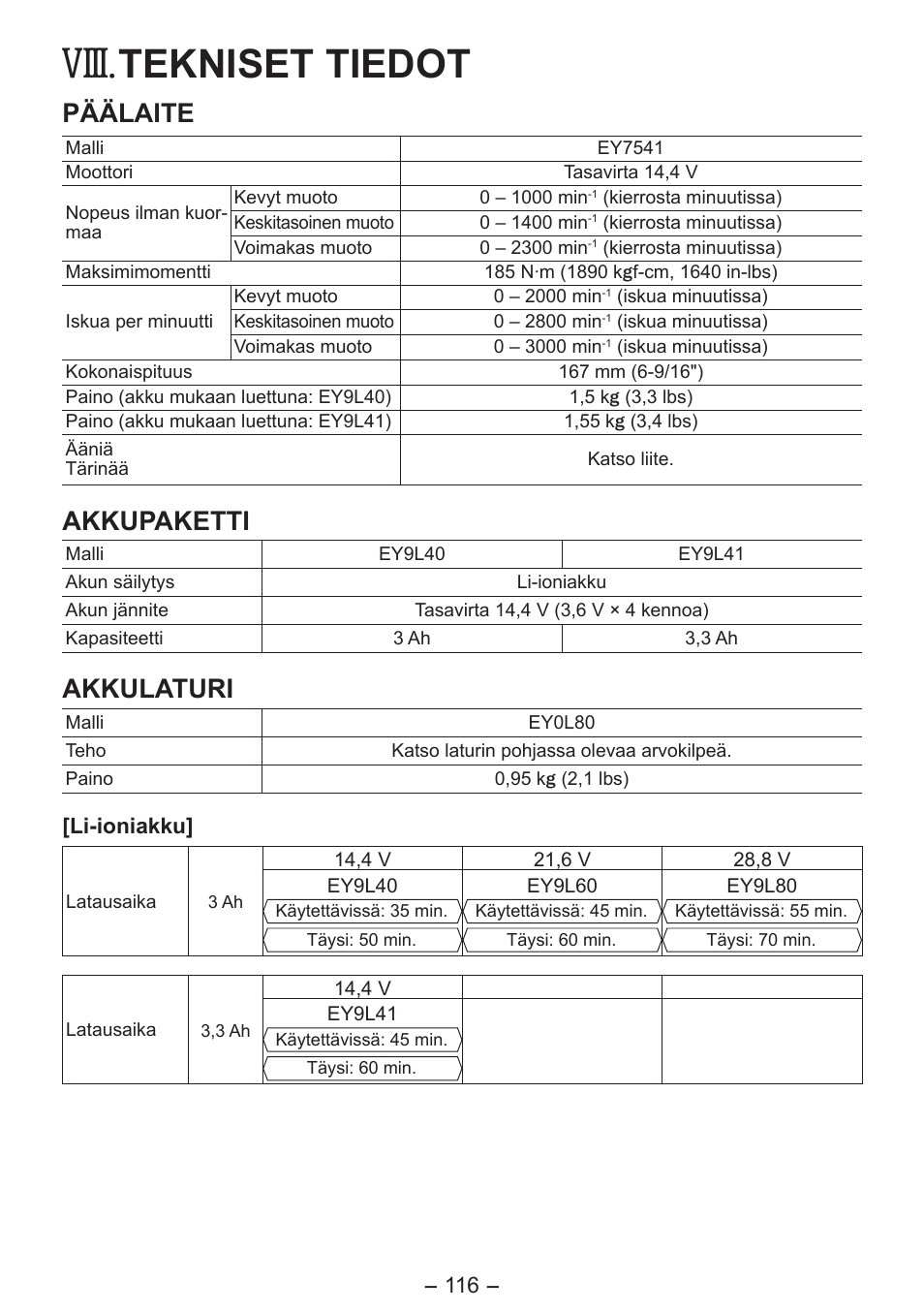 Viii, Tekniset tiedot, Päälaite | Akkupaketti, Akkulaturi | Panasonic EY7541 User Manual | Page 116 / 140