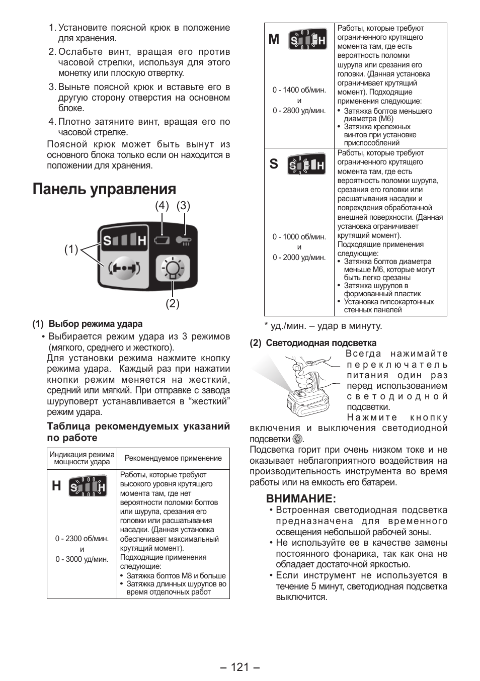 Панель управления, Внимание | Panasonic EY7541 User Manual | Page 121 / 140