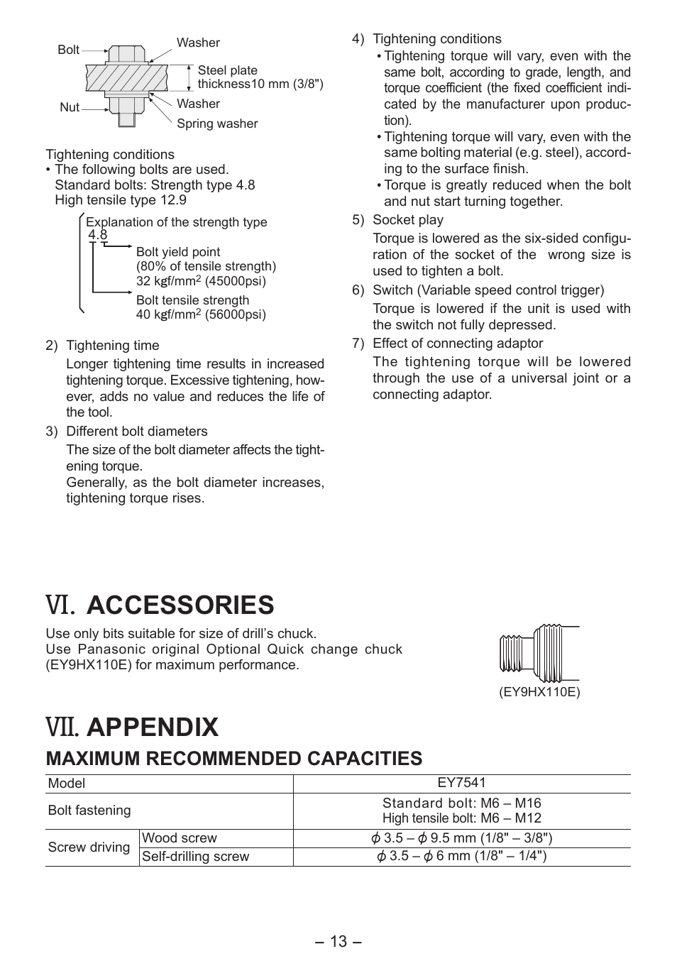 Accessories, Appendix, Maximum recommended capacities | Panasonic EY7541 User Manual | Page 13 / 140