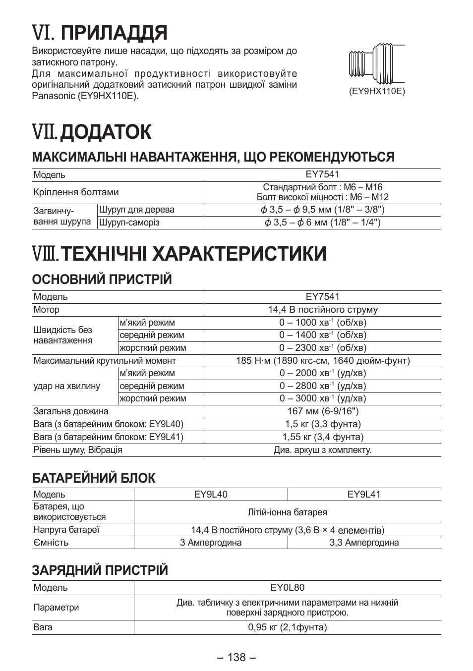 Viii, Приладдя, Додаток | Технічні характеристики, Максимальні навантаження, що рекомендуються, Основний пристрій, Батарейний блок, Зарядний пристрiй | Panasonic EY7541 User Manual | Page 138 / 140