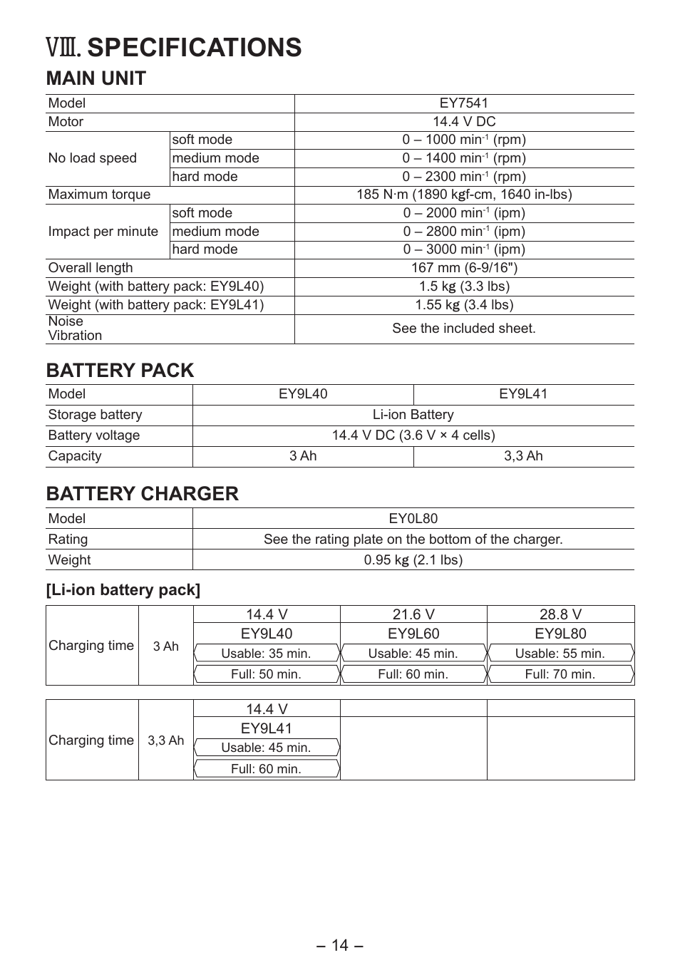 Viii, Specifications, Main unit | Battery pack, Battery charger | Panasonic EY7541 User Manual | Page 14 / 140