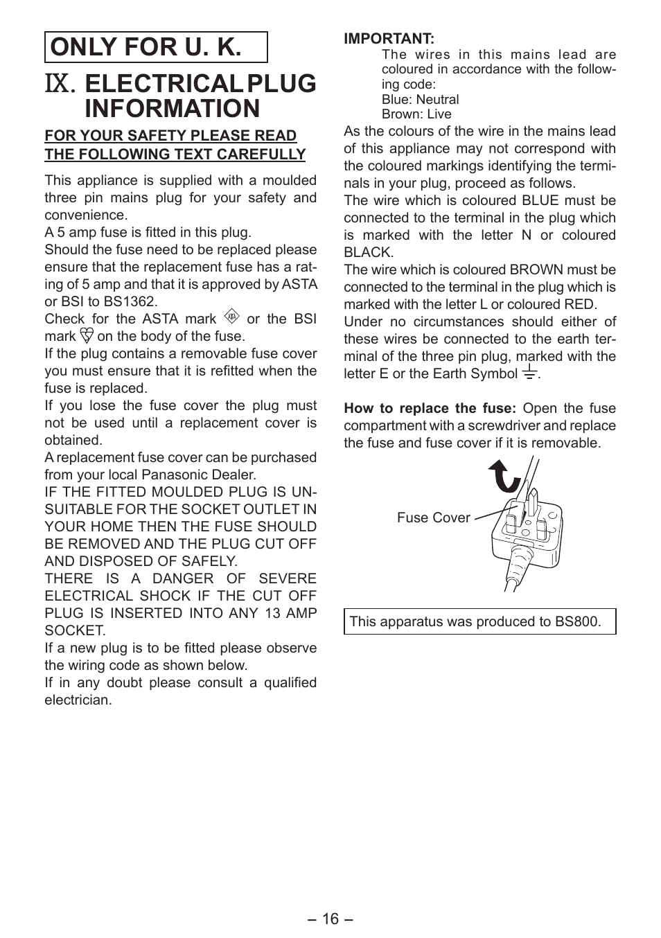 Only for u. k, Electrical plug information | Panasonic EY7541 User Manual | Page 16 / 140