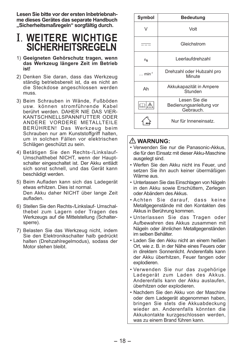 Weitere wichtige sicherheitsregeln | Panasonic EY7541 User Manual | Page 18 / 140