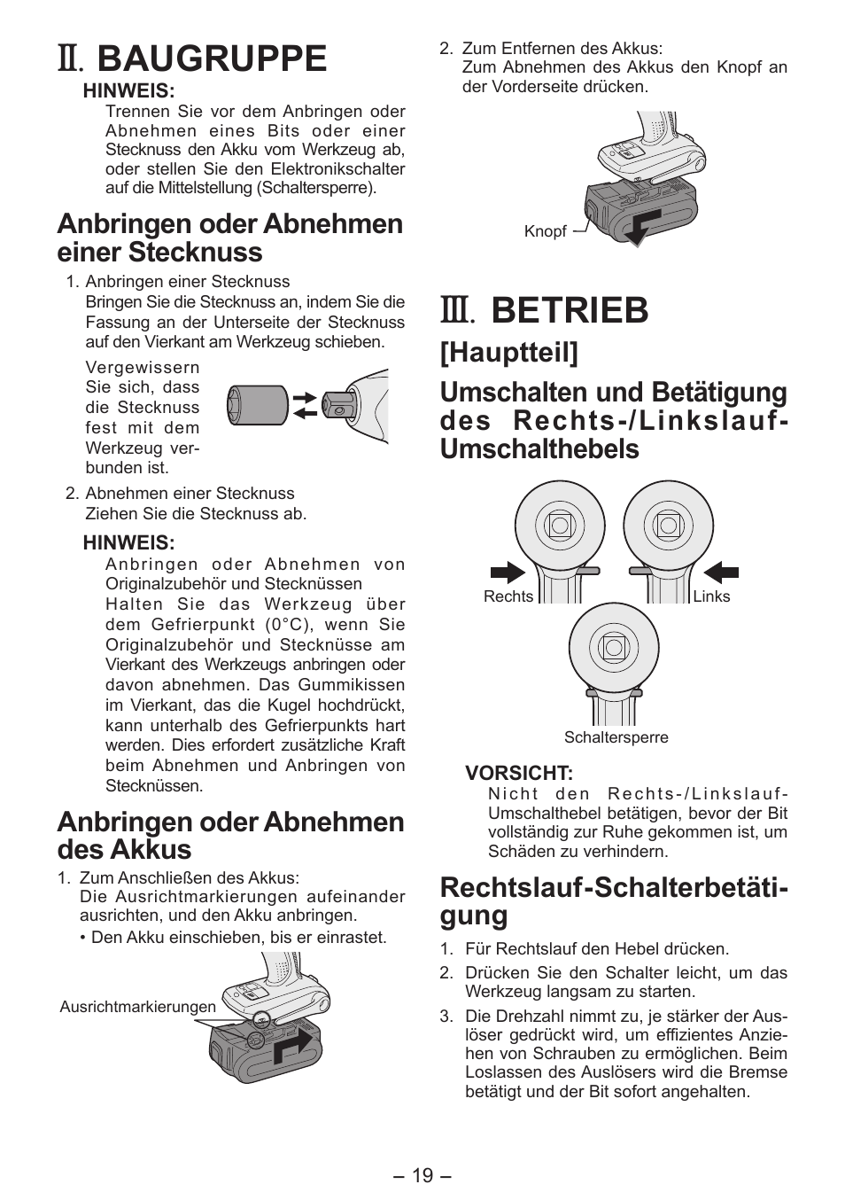 Baugruppe, Betrieb, Anbringen oder abnehmen einer stecknuss | Anbringen oder abnehmen des akkus, Rechtslauf - schalterbetäti- gung | Panasonic EY7541 User Manual | Page 19 / 140