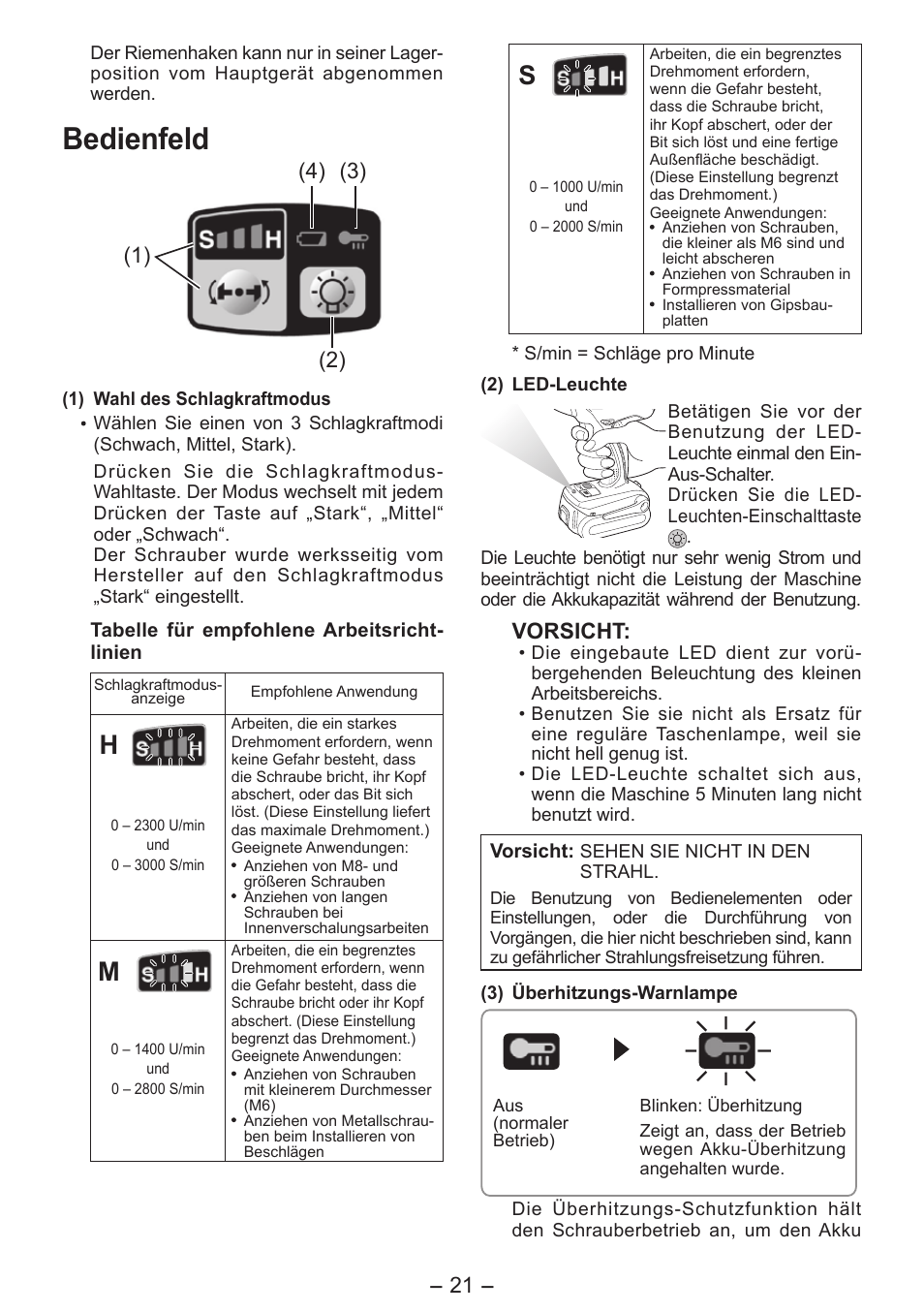 Bedienfeld, Vorsicht | Panasonic EY7541 User Manual | Page 21 / 140