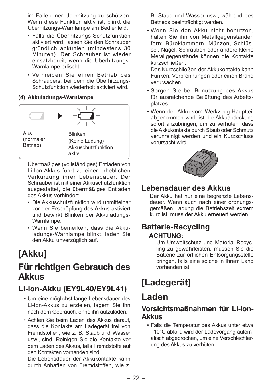 Akku] für richtigen gebrauch des akkus, Ladegerät] laden, Lebensdauer des akkus | Batterie-recycling, Vorsichtsmaßnahmen für li-ion- akkus | Panasonic EY7541 User Manual | Page 22 / 140