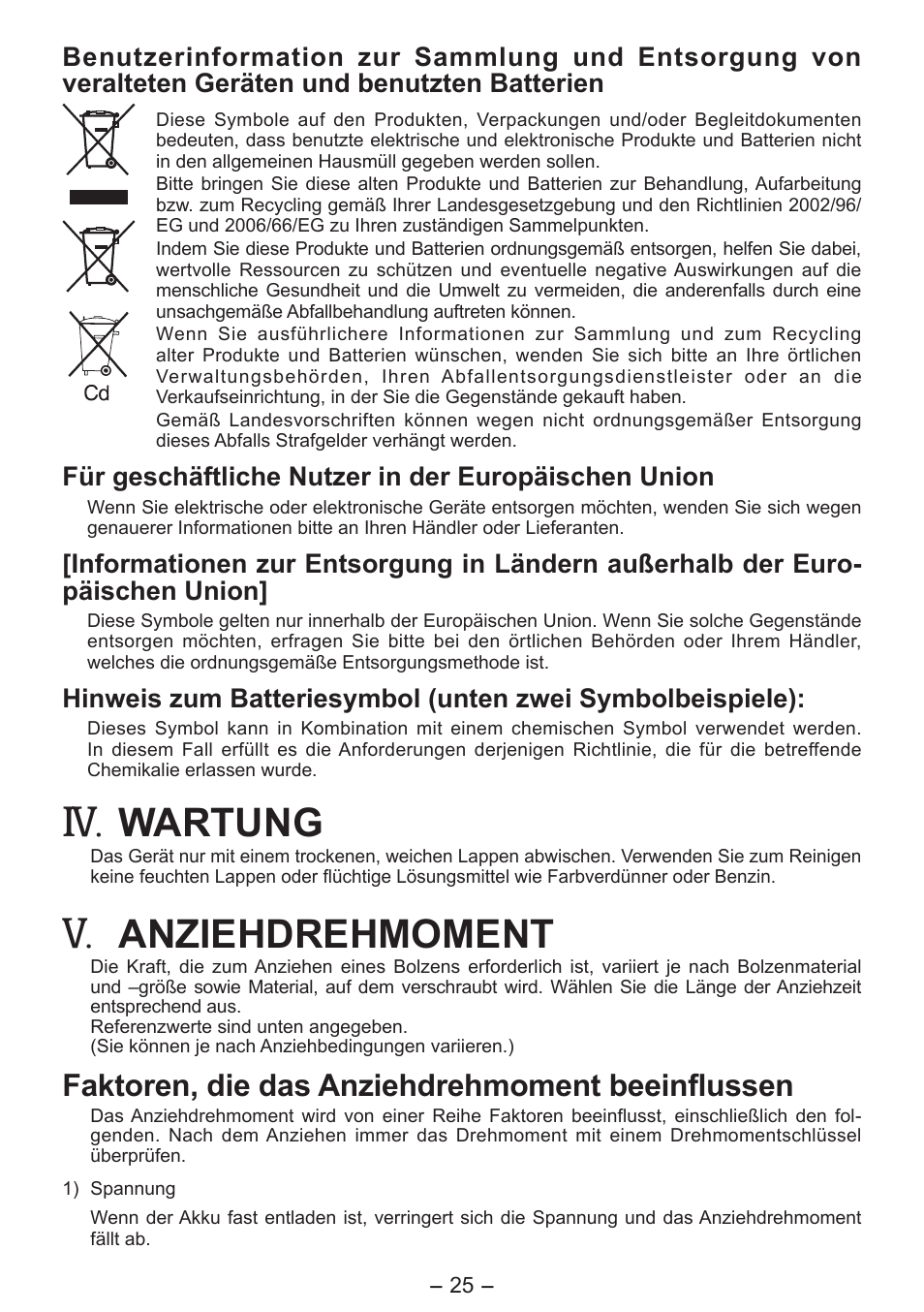 Wartung, Anziehdrehmoment, Faktoren, die das anziehdrehmoment beeinflussen | Für geschäftliche nutzer in der europäischen union | Panasonic EY7541 User Manual | Page 25 / 140