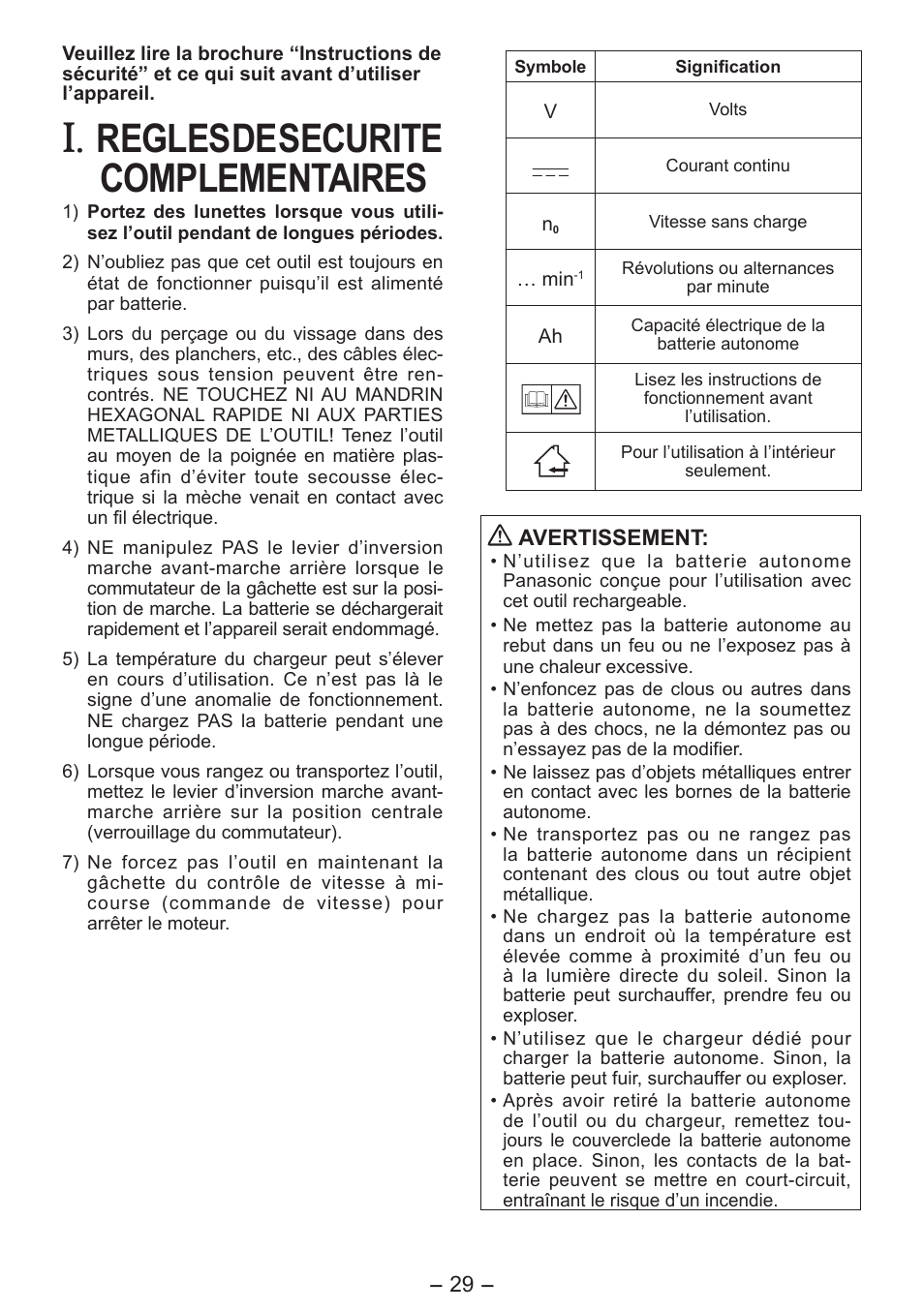 Regles de securite complementaires | Panasonic EY7541 User Manual | Page 29 / 140