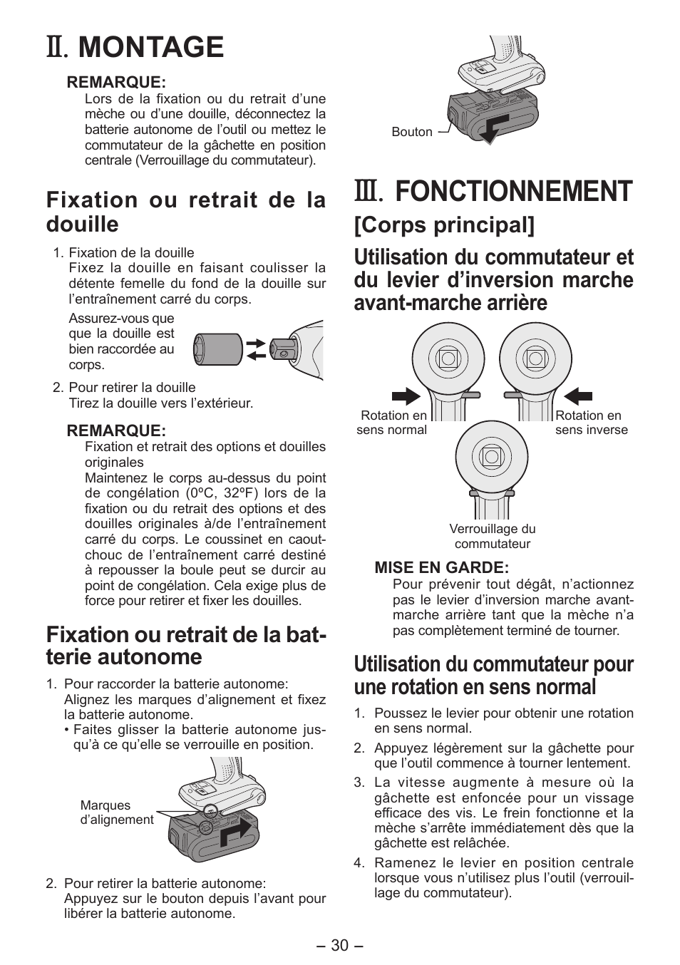 Montage, Fonctionnement, Fixation ou retrait de la douille | Fixation ou retrait de la bat- terie autonome | Panasonic EY7541 User Manual | Page 30 / 140