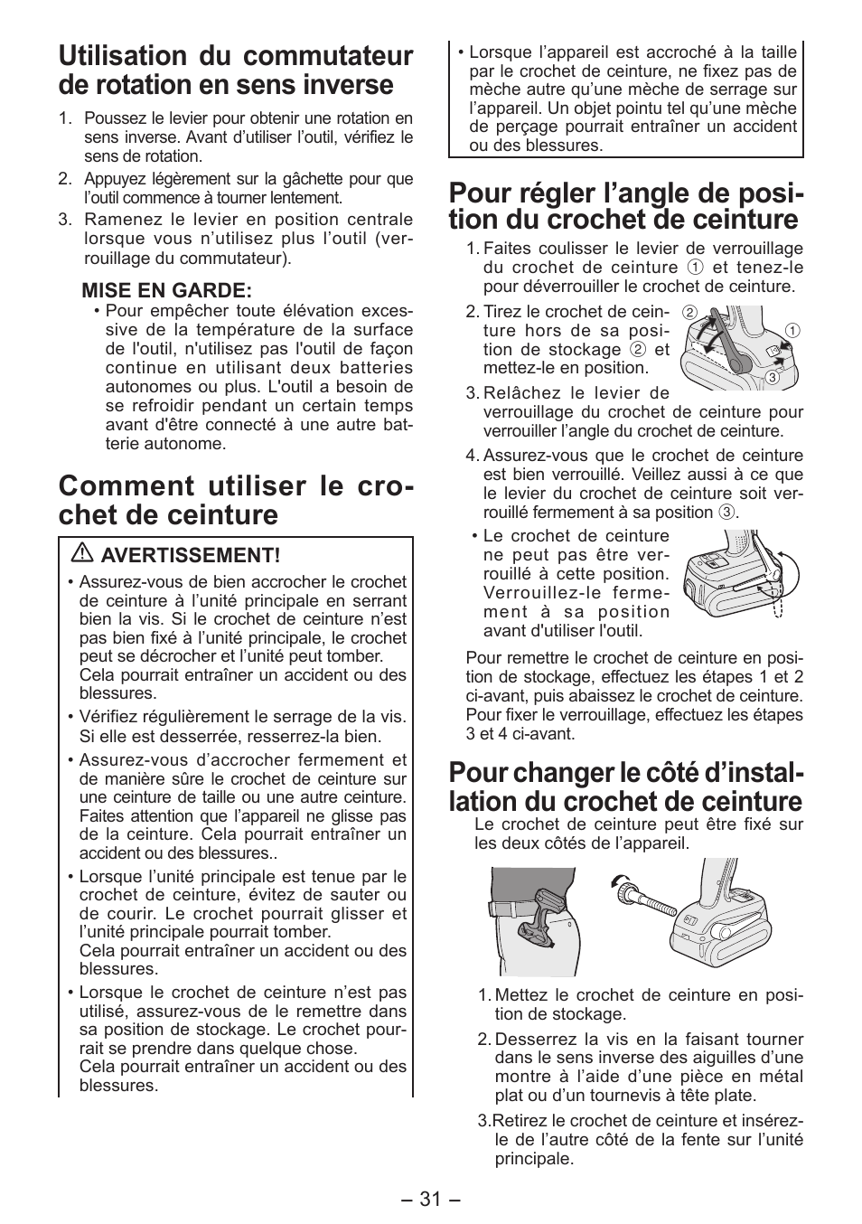 Comment utiliser le cro- chet de ceinture | Panasonic EY7541 User Manual | Page 31 / 140