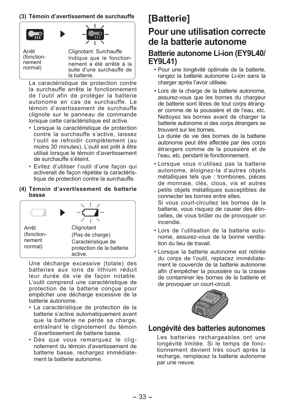 Longévité des batteries autonomes | Panasonic EY7541 User Manual | Page 33 / 140