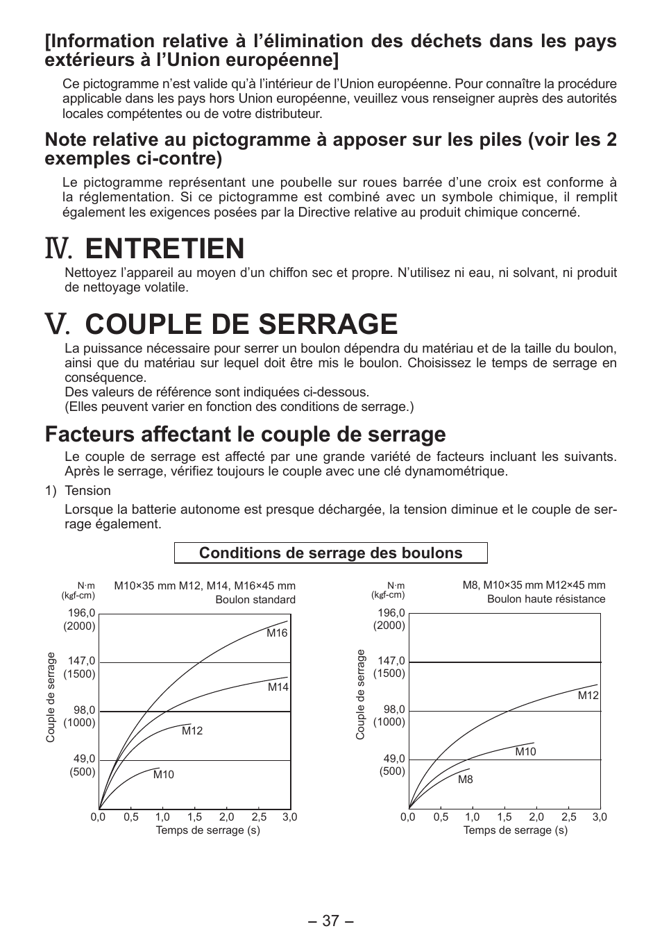 Entretien, Couple de serrage, Facteurs affectant le couple de serrage | Panasonic EY7541 User Manual | Page 37 / 140