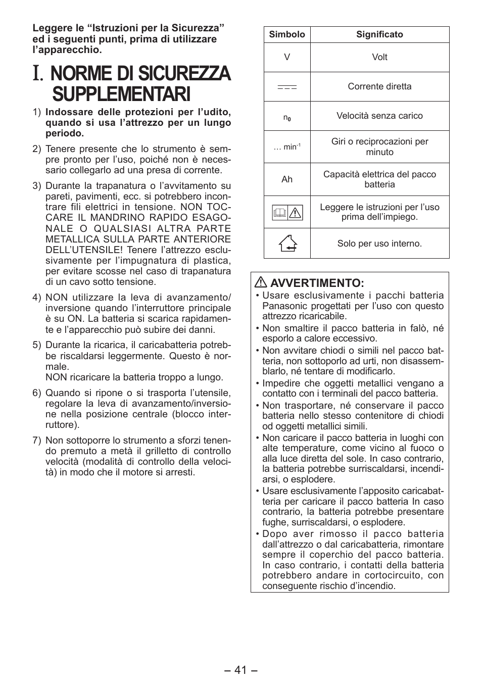 Norme di sicurezza supplementari | Panasonic EY7541 User Manual | Page 41 / 140