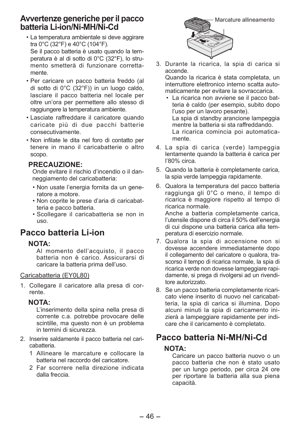 Pacco batteria li-ion, Pacco batteria ni-mh/ni-cd | Panasonic EY7541 User Manual | Page 46 / 140