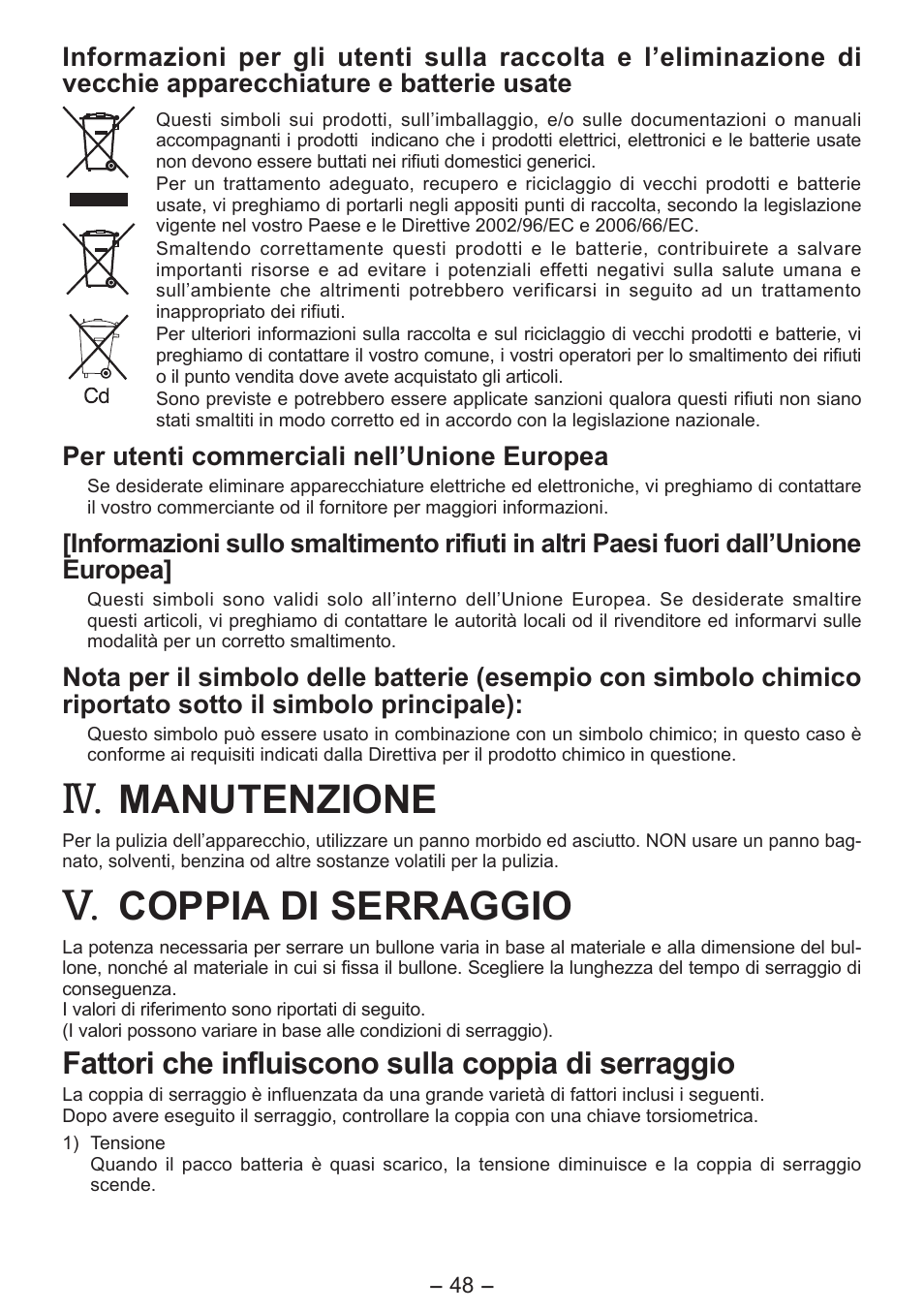 Manutenzione, Coppia di serraggio, Fattori che influiscono sulla coppia di serraggio | Panasonic EY7541 User Manual | Page 48 / 140