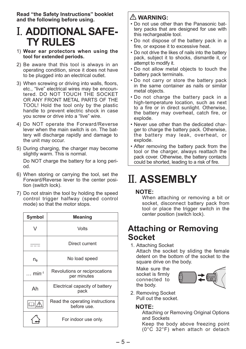 Additional safe- ty rules, Assembly, Attaching or removing socket | Panasonic EY7541 User Manual | Page 5 / 140