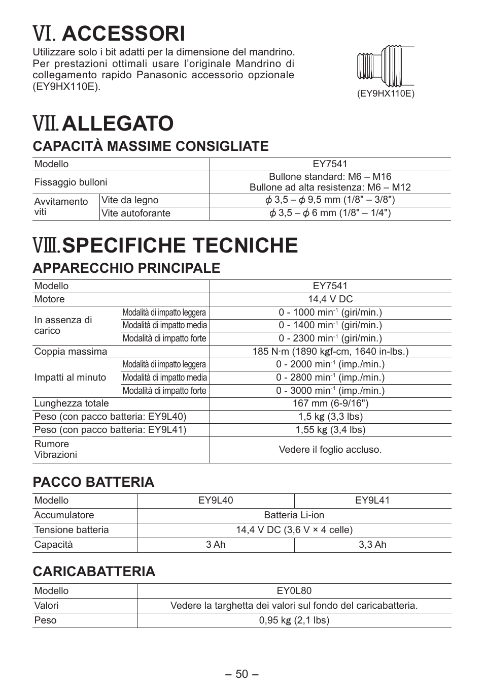 Viii, Accessori, Allegato | Specifiche tecniche, Capacità massime consigliate, Apparecchio principale, Pacco batteria, Caricabatteria | Panasonic EY7541 User Manual | Page 50 / 140
