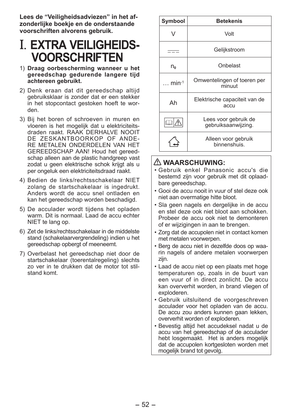 Extra veiligheids- voorschriften | Panasonic EY7541 User Manual | Page 52 / 140