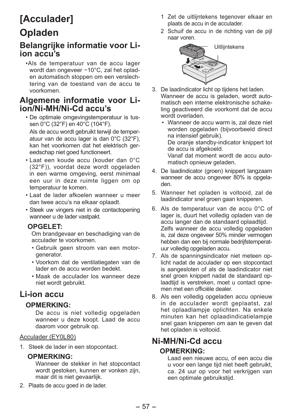 Acculader] opladen, Belangrijke informatie voor li- ion accu’s, Li-ion accu | Ni-mh/ni-cd accu | Panasonic EY7541 User Manual | Page 57 / 140