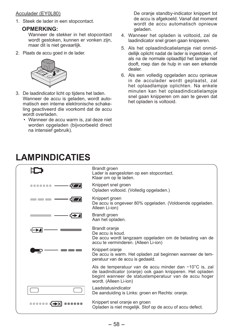 Lampindicaties | Panasonic EY7541 User Manual | Page 58 / 140