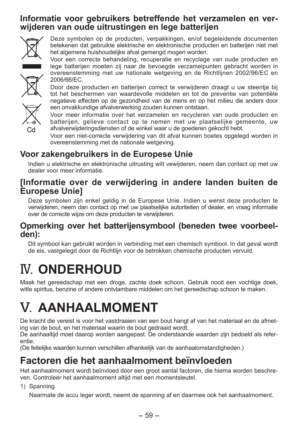 Onderhoud, Aanhaalmoment, Factoren die het aanhaalmoment beïnvloeden | Panasonic EY7541 User Manual | Page 59 / 140