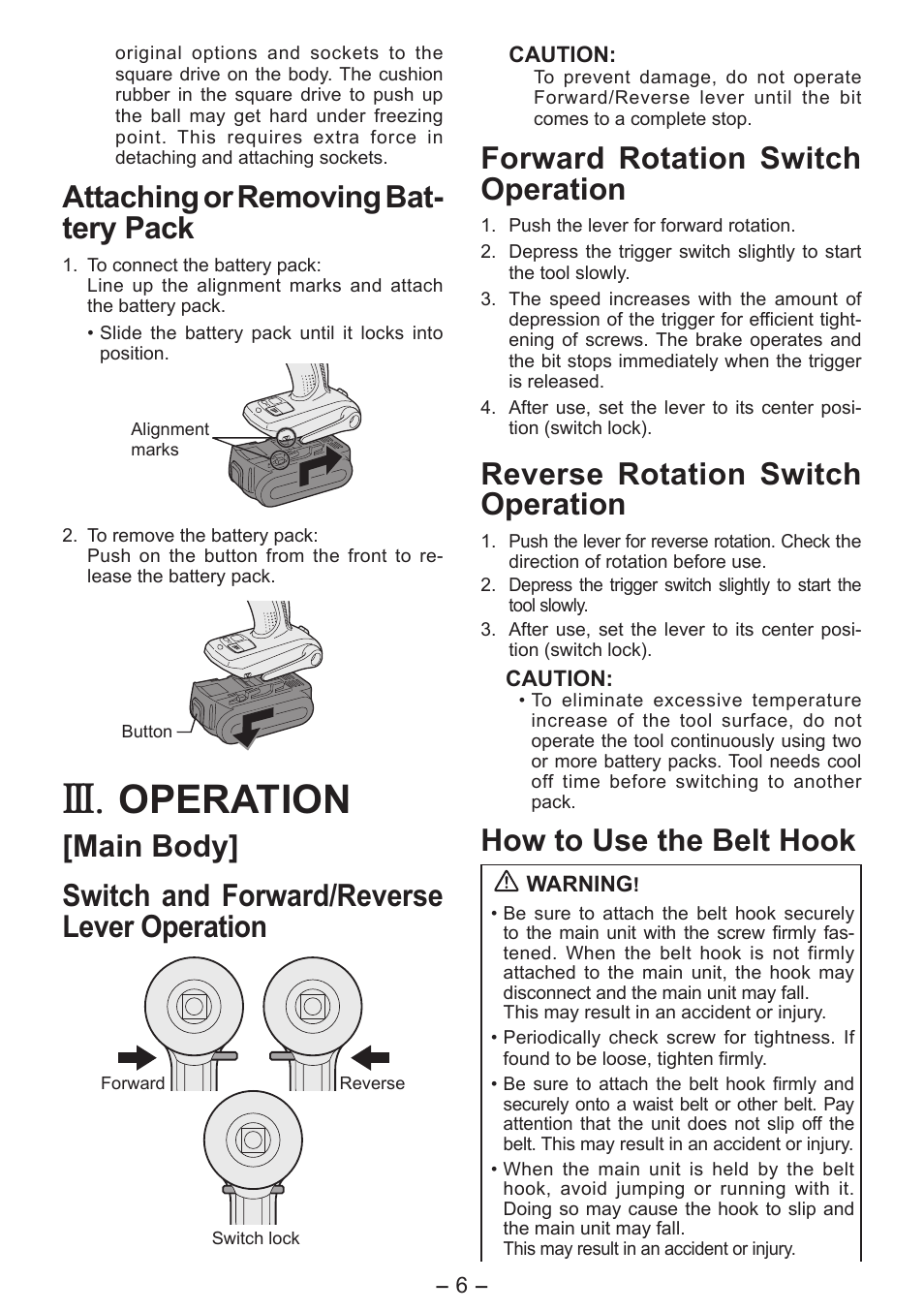 Operation, Attaching or removing bat- tery pack, Forward rotation switch operation | Reverse rotation switch operation, How to use the belt hook | Panasonic EY7541 User Manual | Page 6 / 140