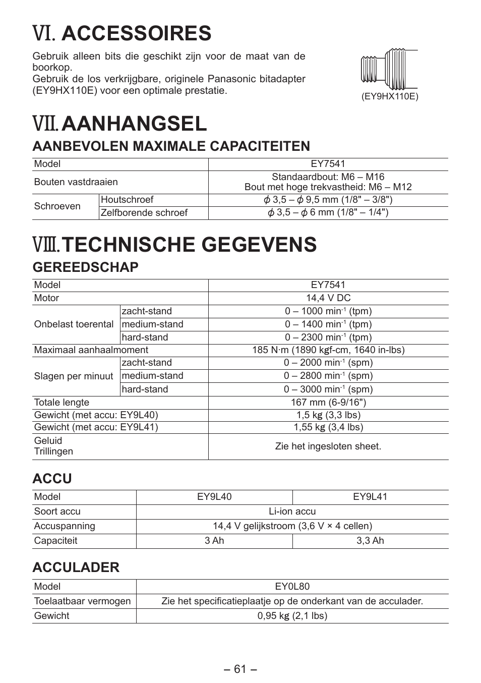 Viii, Accessoires, Aanhangsel | Technische gegevens, Aanbevolen maximale capaciteiten, Gereedschap, Accu, Acculader | Panasonic EY7541 User Manual | Page 61 / 140