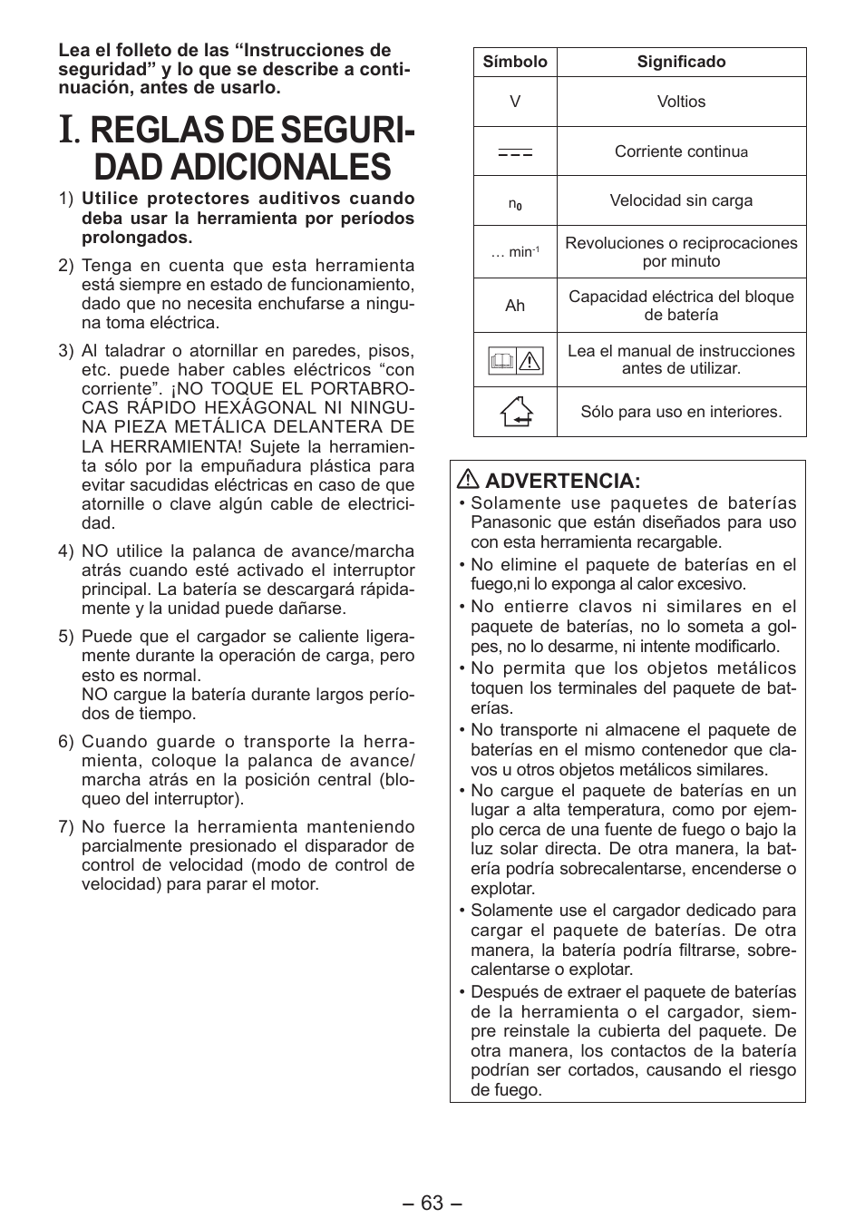 Reglas de seguri- dad adicionales | Panasonic EY7541 User Manual | Page 63 / 140