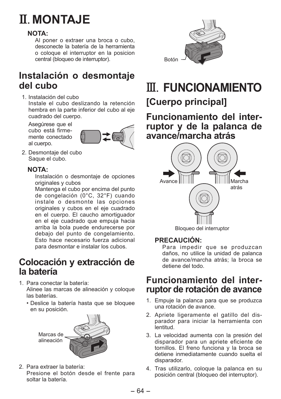 Montaje, Funcionamiento, Instalación o desmontaje del cubo | Colocación y extracción de la batería | Panasonic EY7541 User Manual | Page 64 / 140