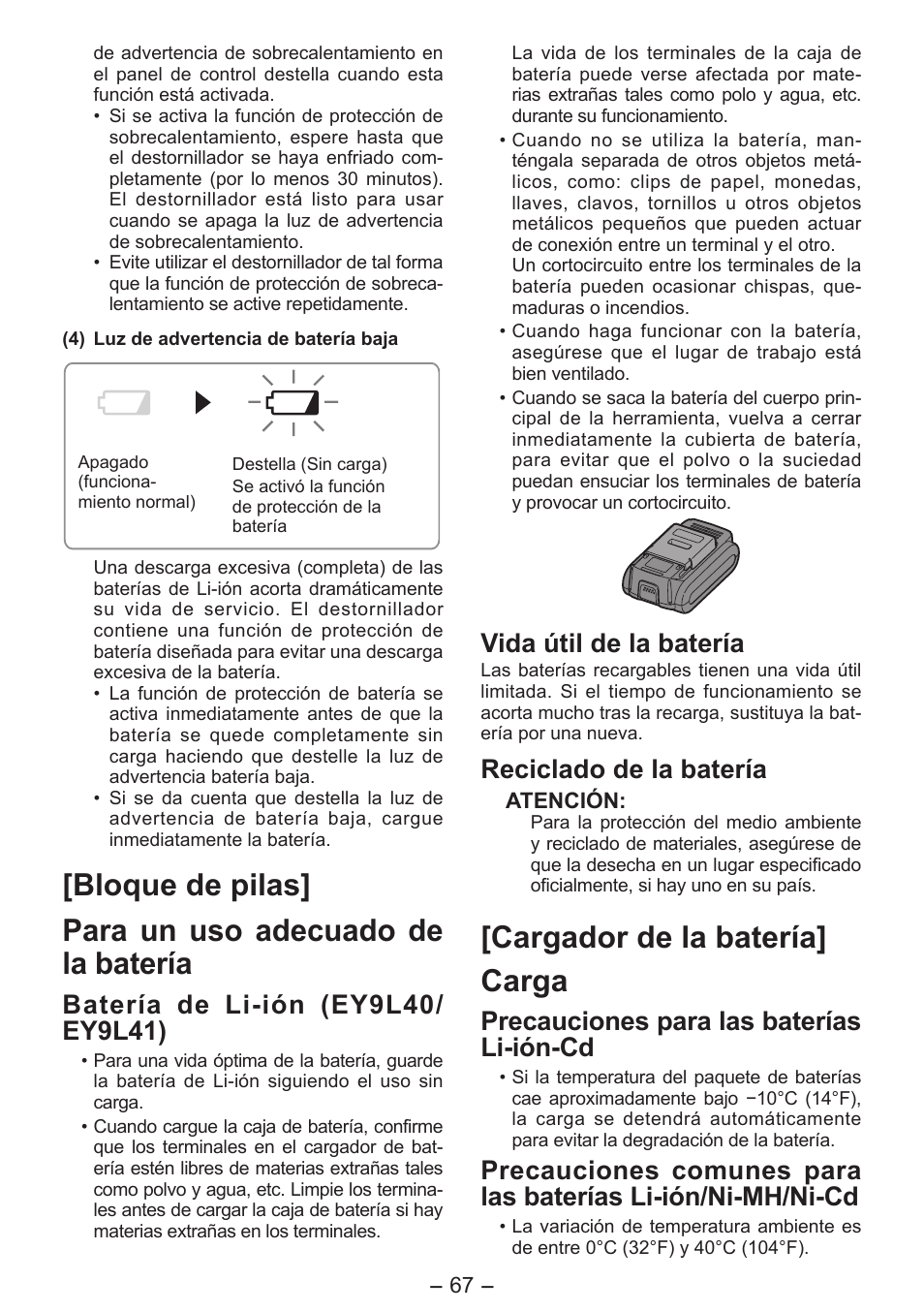 Cargador de la batería] carga, Vida útil de la batería, Reciclado de la batería | Precauciones para las baterías li-ión-cd | Panasonic EY7541 User Manual | Page 67 / 140