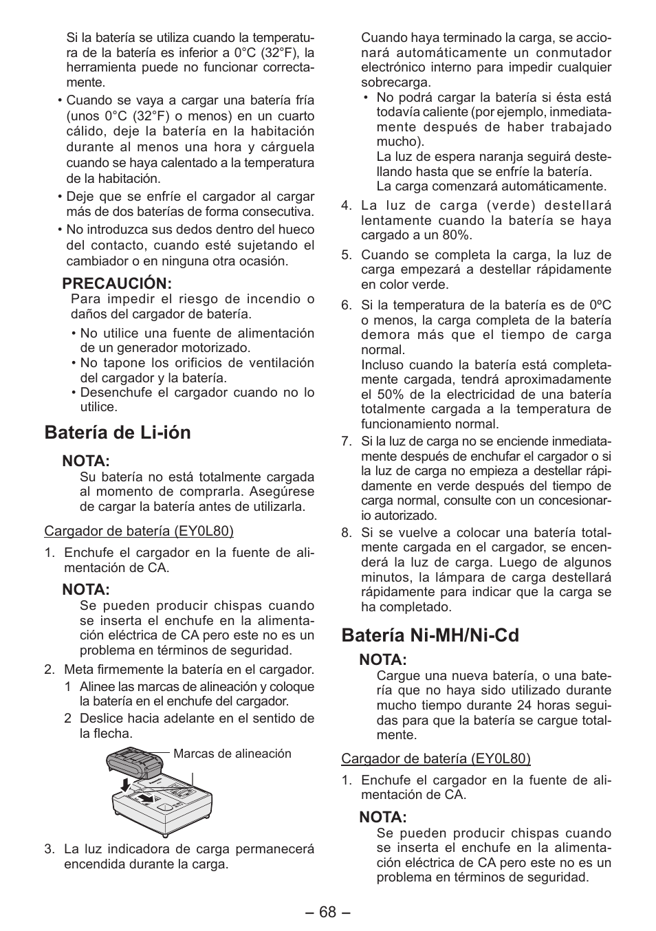 Batería de li-ión, Batería ni-mh/ni-cd | Panasonic EY7541 User Manual | Page 68 / 140
