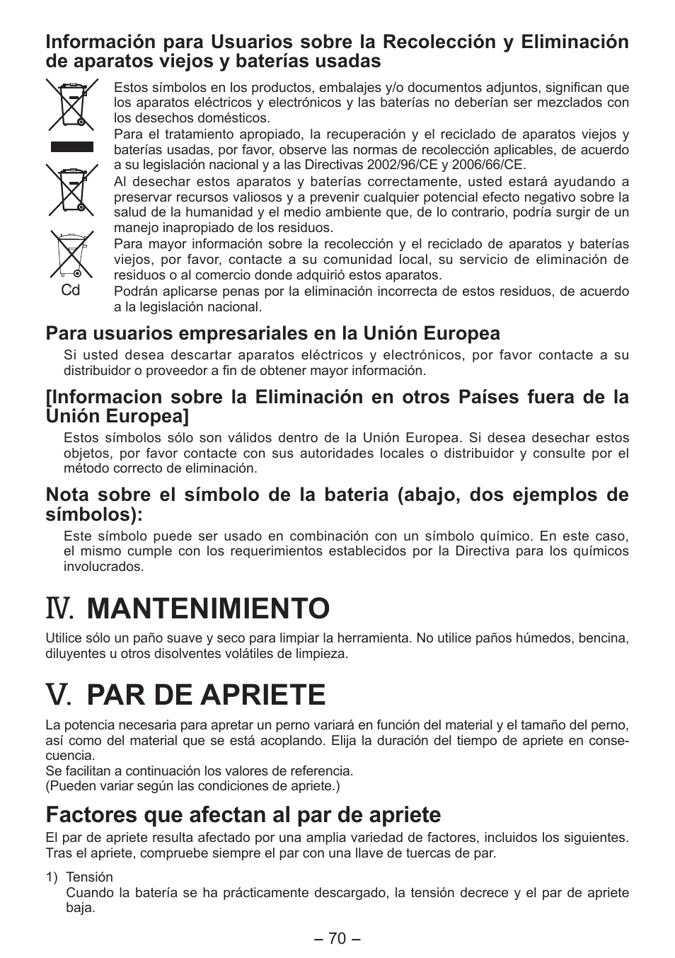 Mantenimiento, Par de apriete, Factores que afectan al par de apriete | Panasonic EY7541 User Manual | Page 70 / 140