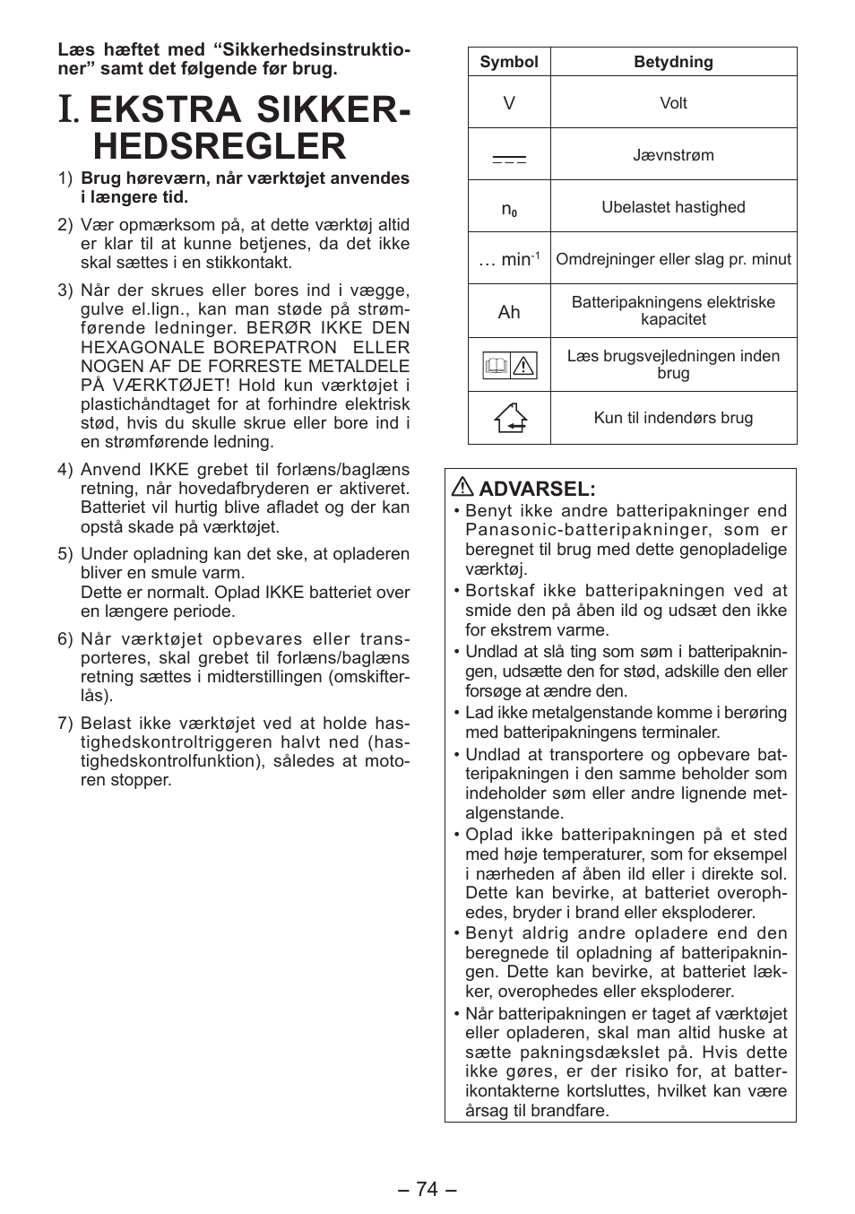 Ekstra sikker- hedsregler | Panasonic EY7541 User Manual | Page 74 / 140