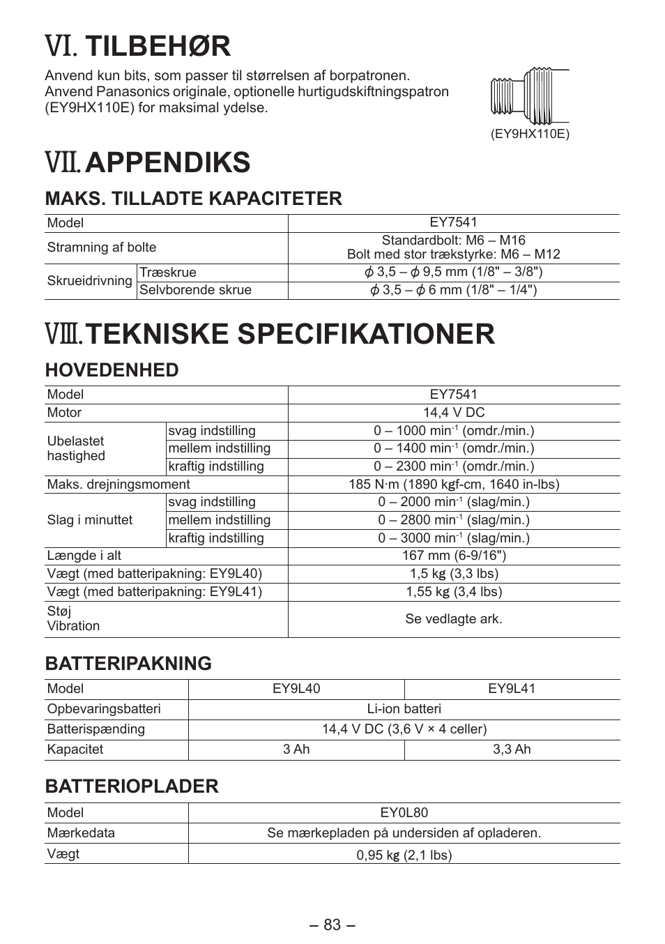 Viii, Tilbehør, Appendiks | Tekniske specifikationer, Maks. tilladte kapaciteter, Hovedenhed, Batteripakning, Batterioplader | Panasonic EY7541 User Manual | Page 83 / 140