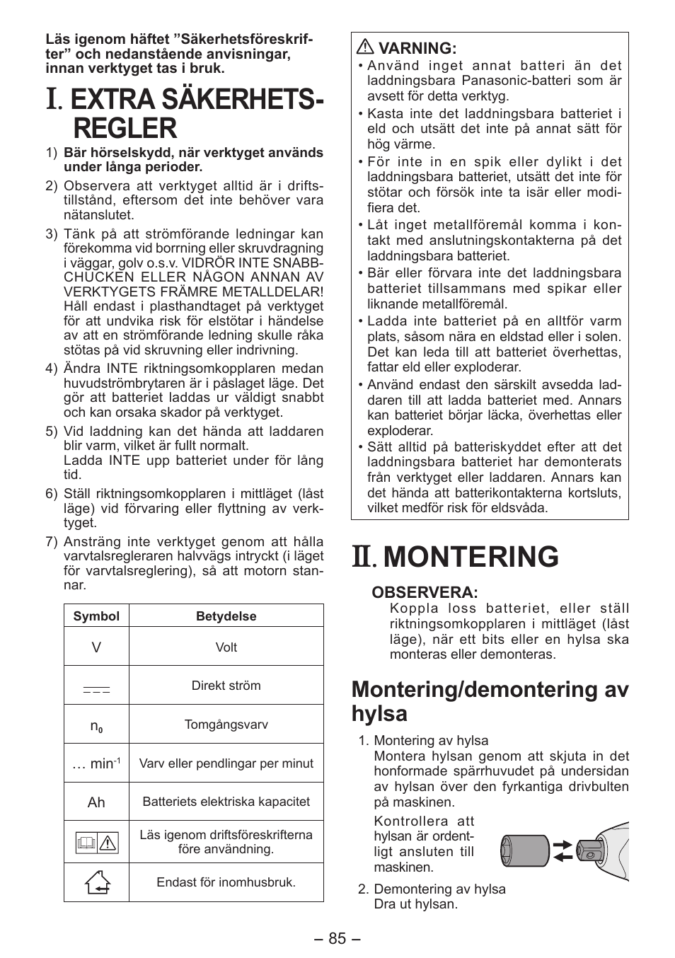 Extra säkerhets- regler, Montering, Montering/demontering av hylsa | Panasonic EY7541 User Manual | Page 85 / 140