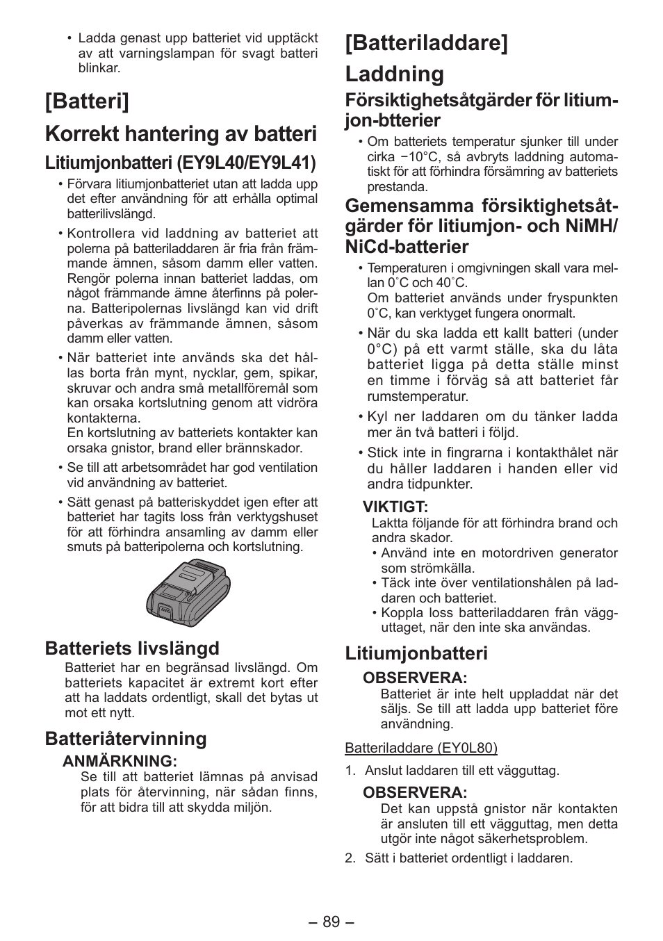Batteri] korrekt hantering av batteri, Batteriladdare] laddning, Batteriets livslängd | Batteriåtervinning, Försiktighetsåtgärder för litium- jon-btterier, Litiumjonbatteri | Panasonic EY7541 User Manual | Page 89 / 140