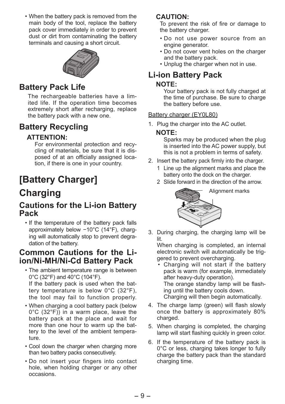 Battery charger] charging, Battery pack life, Battery recycling | Cautions for the li-ion battery pack, Li-ion battery pack | Panasonic EY7541 User Manual | Page 9 / 140