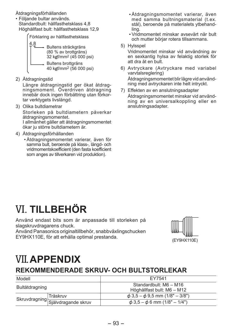 Tillbehör, Appendix, Rekommenderade skruv- och bultstorlekar | Panasonic EY7541 User Manual | Page 93 / 140