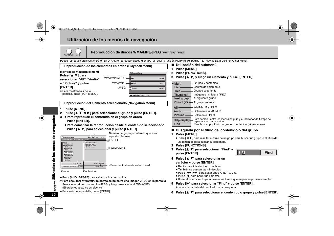 Utilización de los menús de navegación, Find | Panasonic DVDS29PL User Manual | Page 10 / 20
