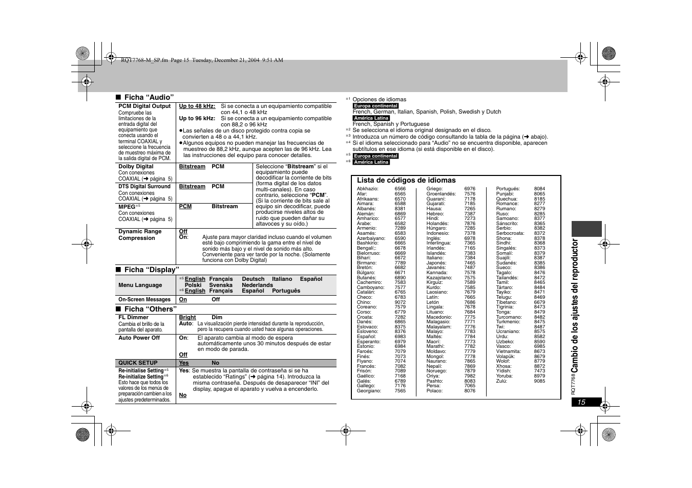Cambio d e los ajustes d el repr odu cto r, Ficha “audio” ∫ ficha “display” ∫ ficha “others, Lista de códigos de idiomas | Panasonic DVDS29PL User Manual | Page 15 / 20