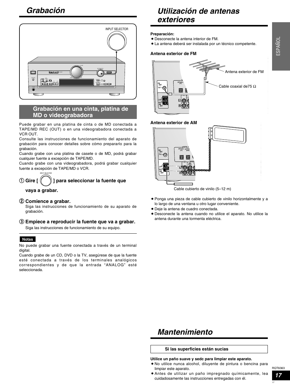 Grabación utilización de antenas exteriores, Mantenimiento, Espa ñ ol | Ee empiece a reproducir la fuente que va a grabar, Antena exterior de fm, Si las superficies están sucias, Antena exterior de am, Input selector | Panasonic SCHT400 User Manual | Page 17 / 76