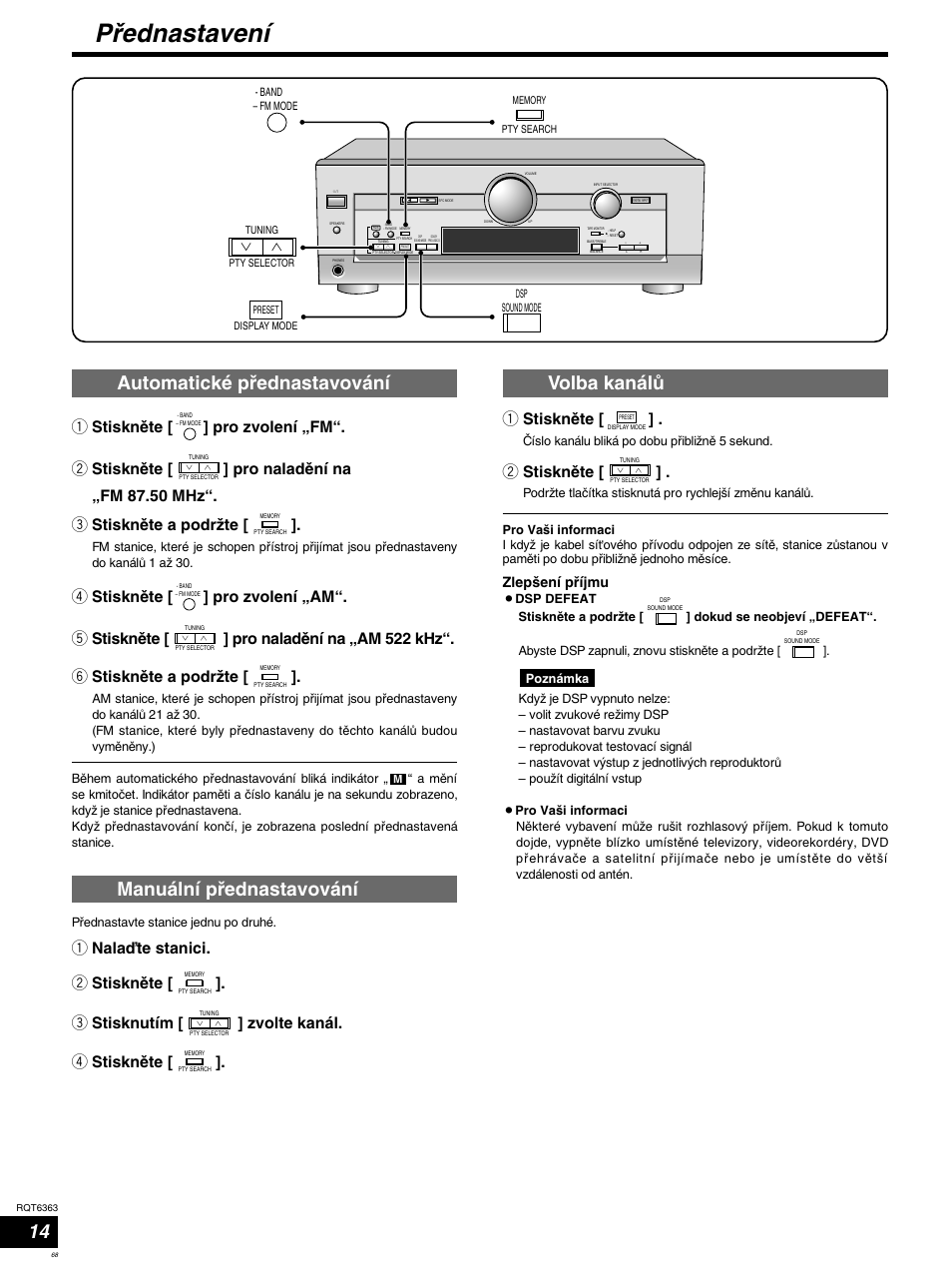 P®ednastavení, 1 stisknëte, 2 stisknëte | Zlepßení p®íjmu | Panasonic SCHT400 User Manual | Page 68 / 76