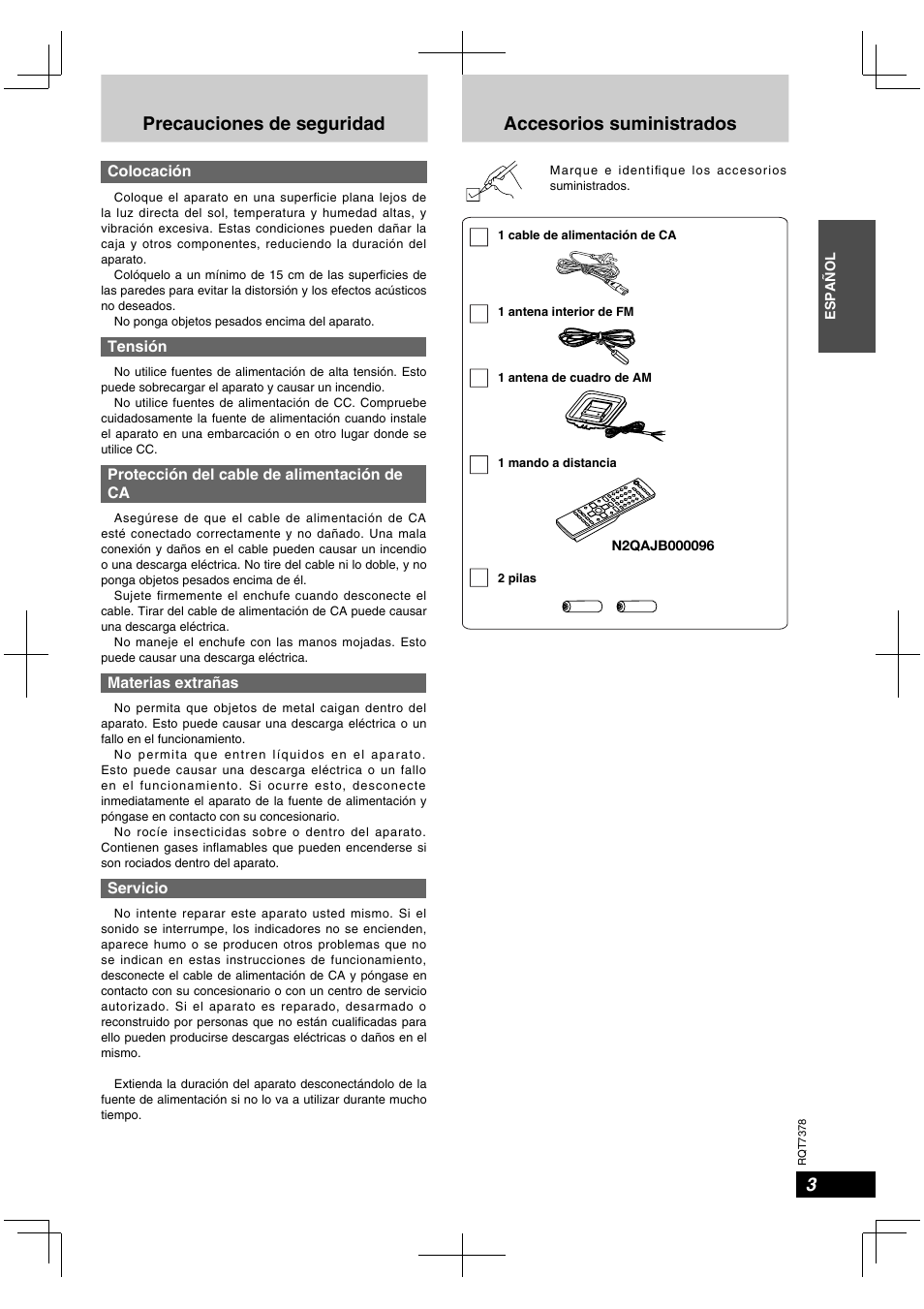 Precauciones de seguridad, Accesorios suministrados | Panasonic SCPM29 User Manual | Page 3 / 27