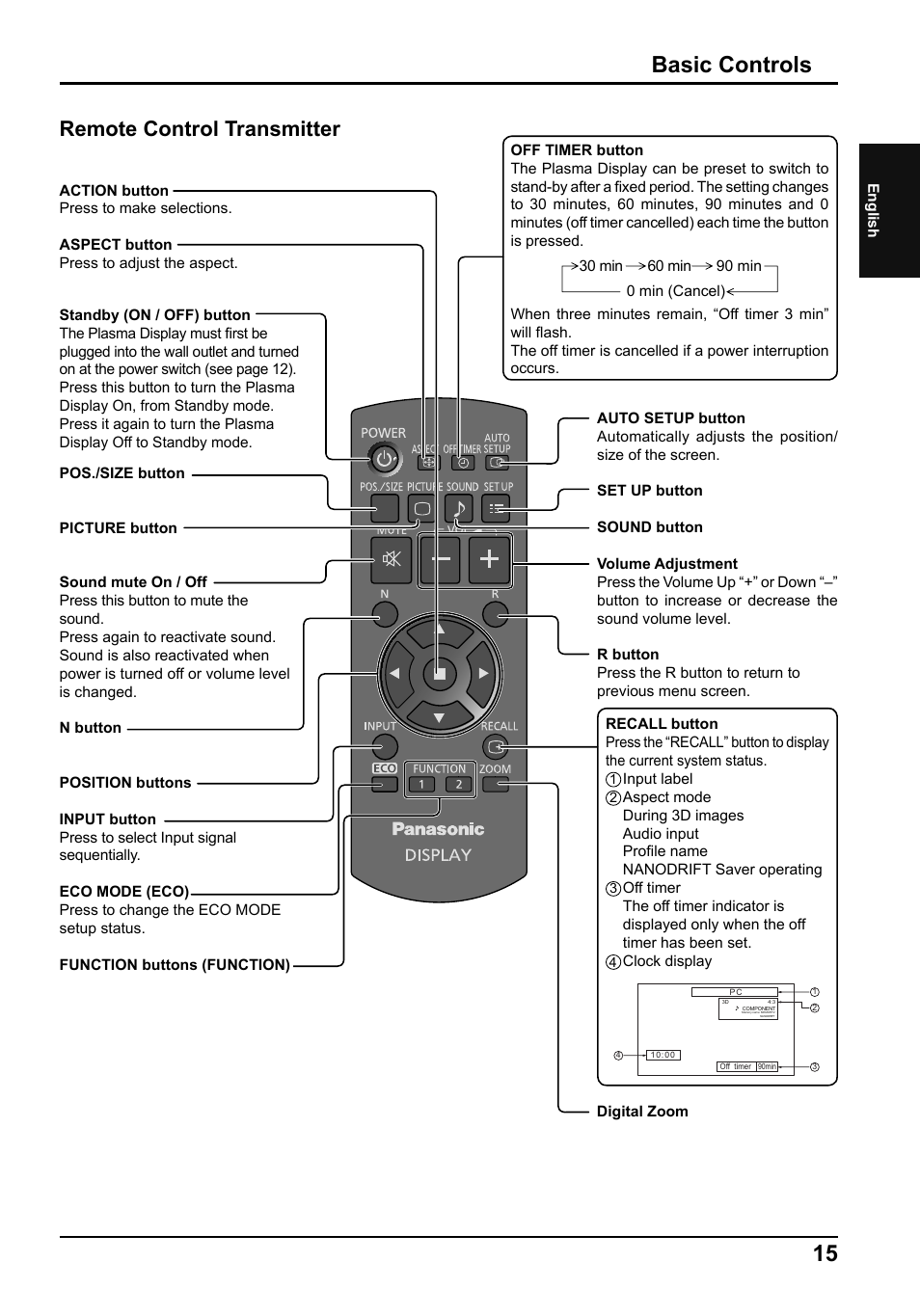 Basic controls, Remote control transmitter | Panasonic TH65PF50E User Manual | Page 15 / 72