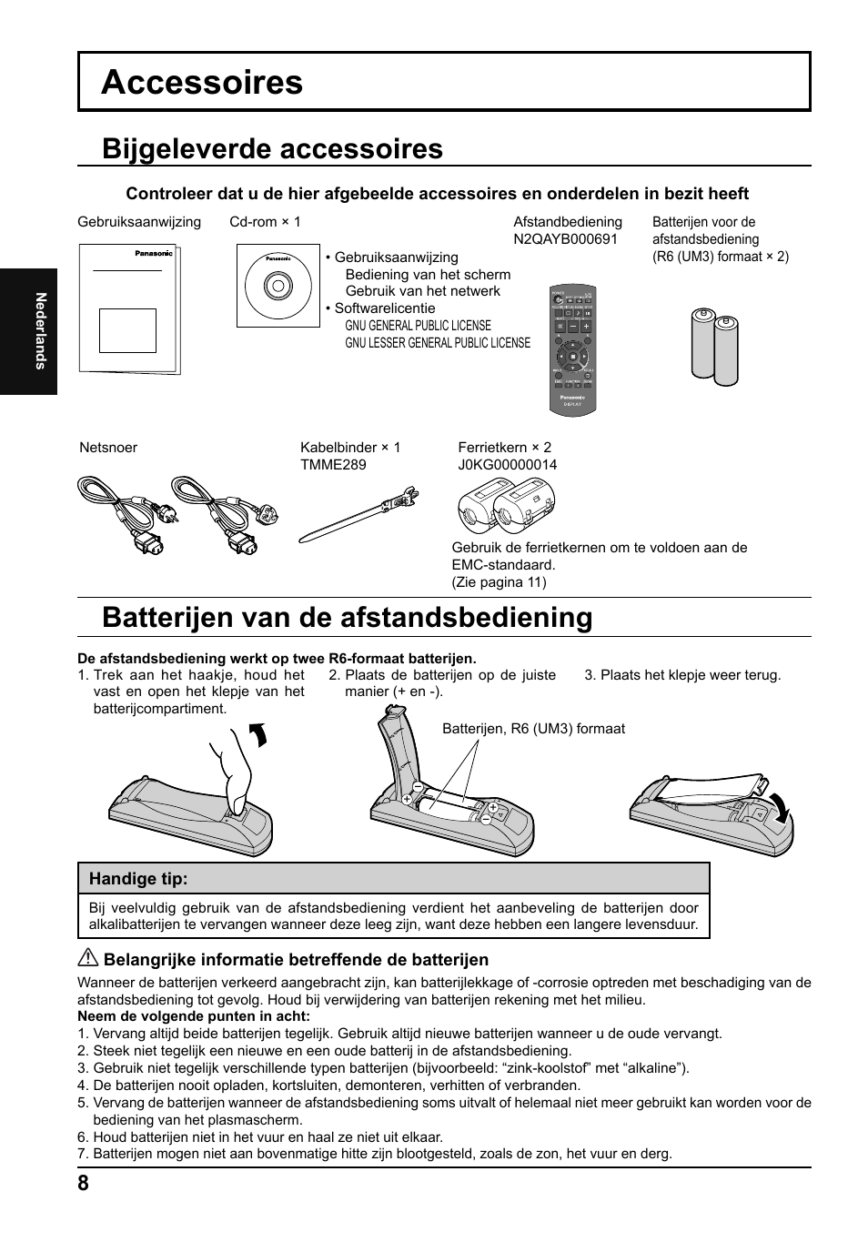 Accessoires, Bijgeleverde accessoires, Batterijen van de afstandsbediening | Panasonic TH65PF50E User Manual | Page 26 / 72
